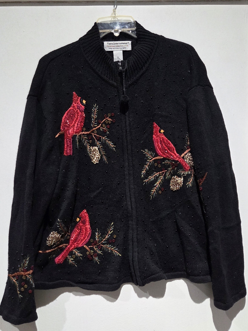 Tiara International Black Zip-Front Cardigan with Red Cardinal Embroidery